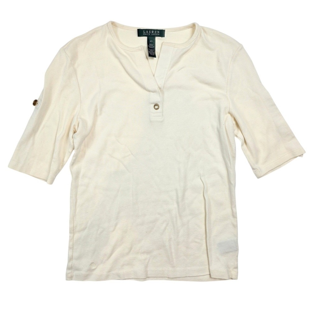 Lauren Ralph Lauren Ivory 3/4 Button Sleeve V Neck Blouse Women's Size XS